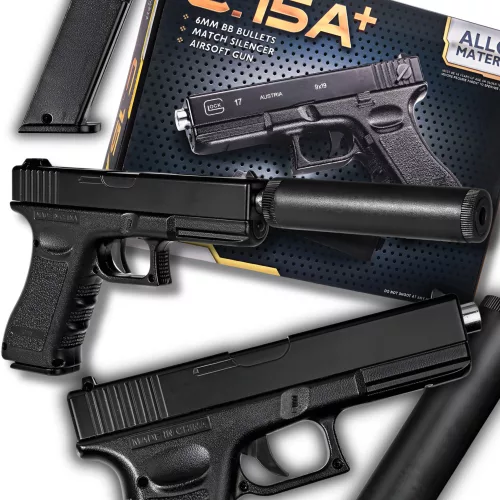 Іграшковий металевий пістолет з глушником Glock 17 C15A+ на кульках 6 мм - Зображення 10