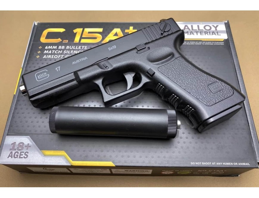 Іграшковий металевий пістолет з глушником Glock 17 C15A+ на кульках 6 мм - Зображення 9