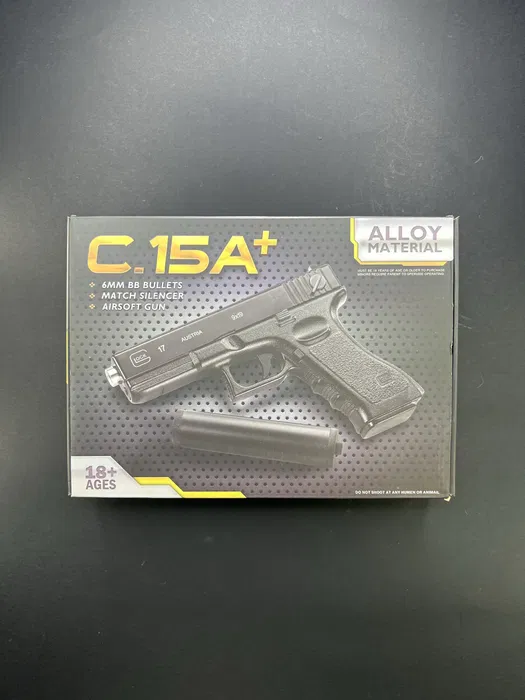 Іграшковий металевий пістолет з глушником Glock 17 C15A+ на кульках 6 мм - Зображення 8